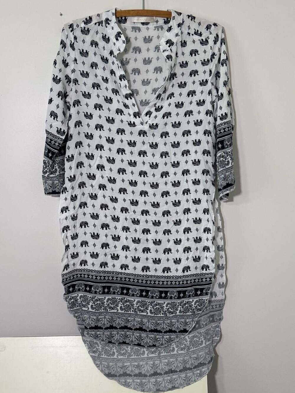 New Feeling Black and White Elephant Print Tunic Top
